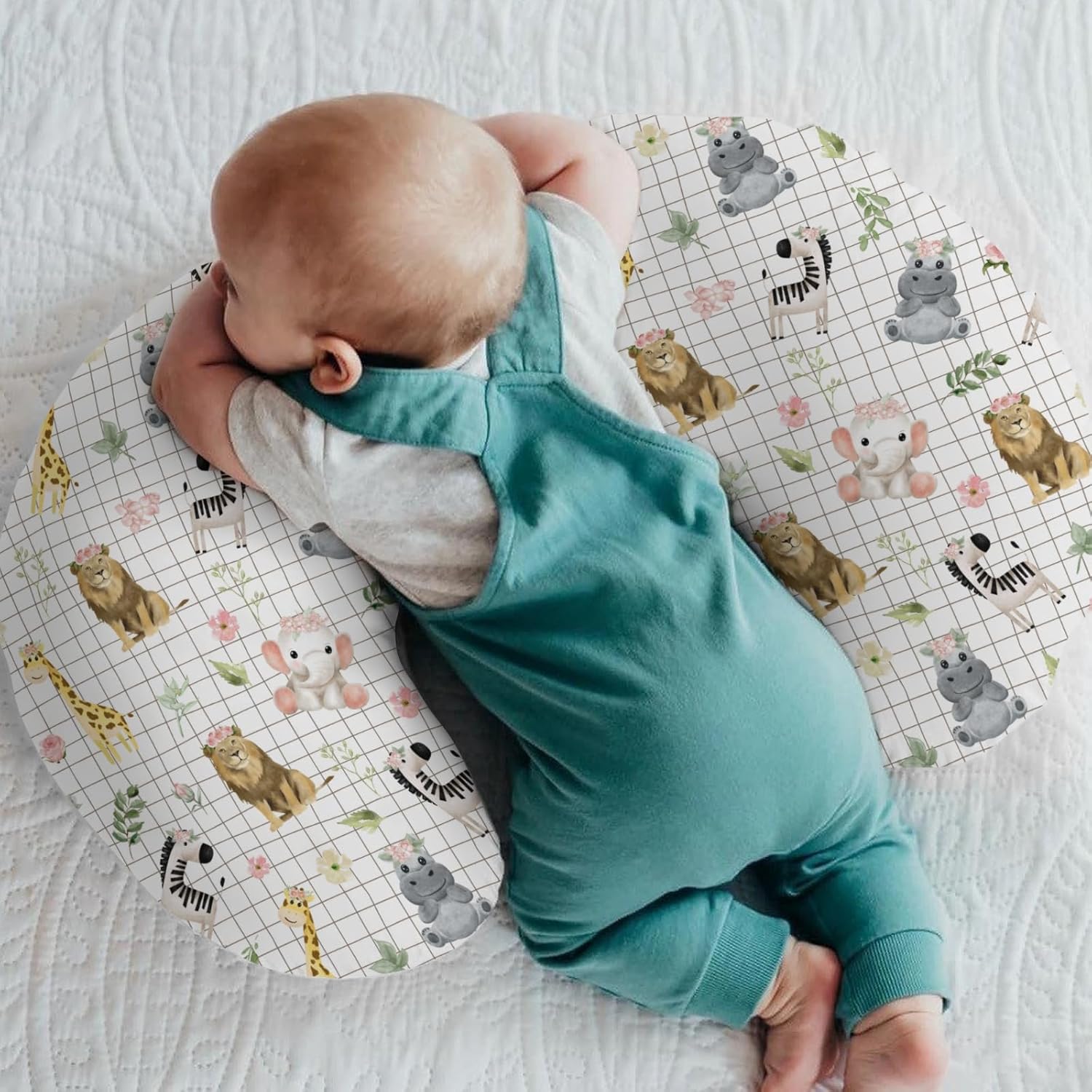 African Safari Animals Baby Nursing Pillow Covers for Boy Girl Elephant Lion Giraffe Hippo Tropical Flower Leaves Nursing Pillowcase for Breastfeeding Pillows Zoo Jungle Soft Stretchy Slipcovers