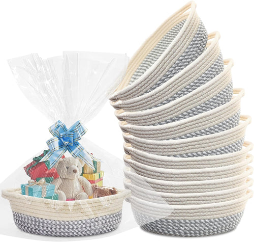 10 Pack Small Woven Basket with Gift Bags and Ribbons, Rectangle Storage Basket Set, Natural Cotton Rope Woven Baskets, Gift Basket for Baby Nursery, Toy Baskets, Bathroom Organization Bin